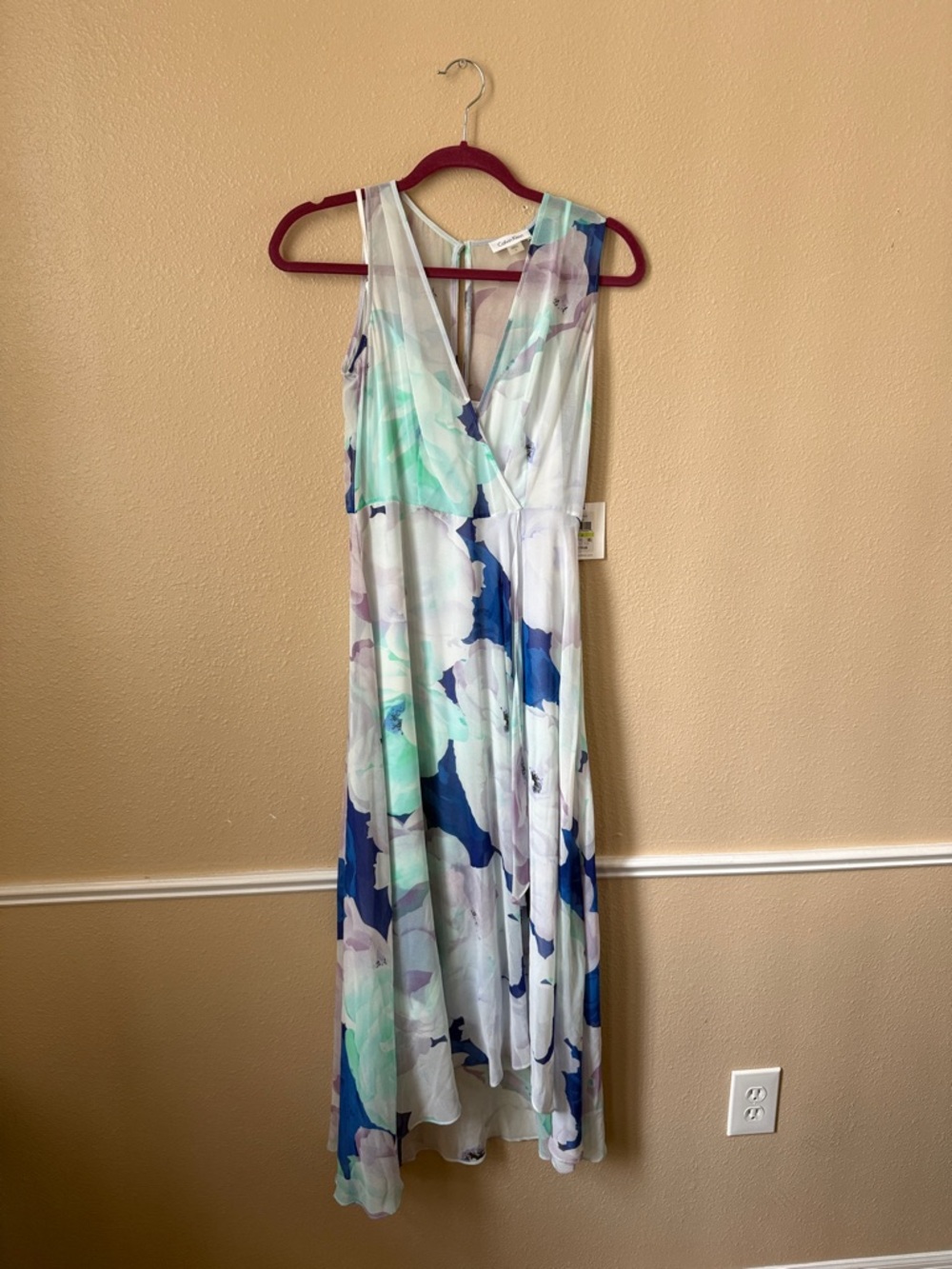 Calvin Klein Floral V-Neck Maxi Dress in Blue, Mint & White